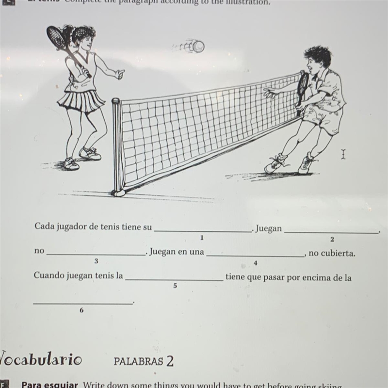 Cada jugador de tenis tiene su ______ Juegan _____. no ____. juegan en una _____, no-example-1