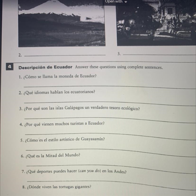 Descripcion de Ecuador answer these questions using complete sentences-example-1