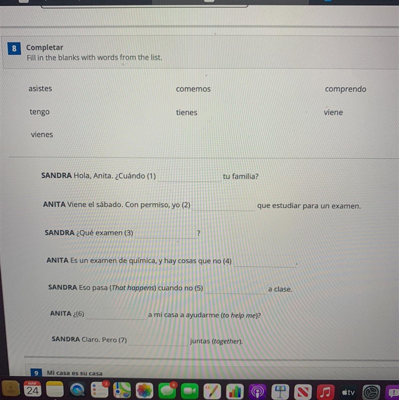 Completar Fill in the blanks with words from the list. Tax Questio... asistes comemos-example-1