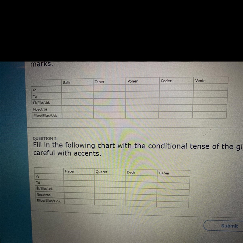 Irregular conditional tense conjugation chart PLEASE HELP-example-1