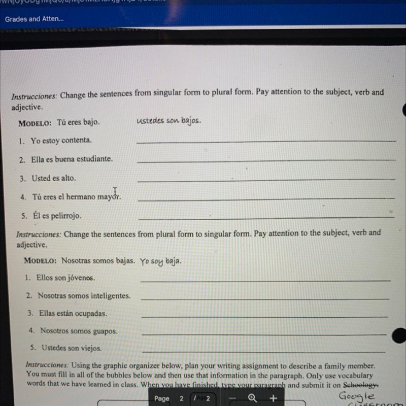 Instrucciones change the sentences from singular to plural form pay attention to the-example-1