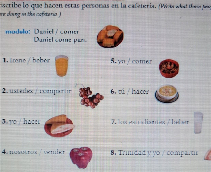 Escribe lo que hacen estas personas en la cafetería. (Write what these people are-example-1