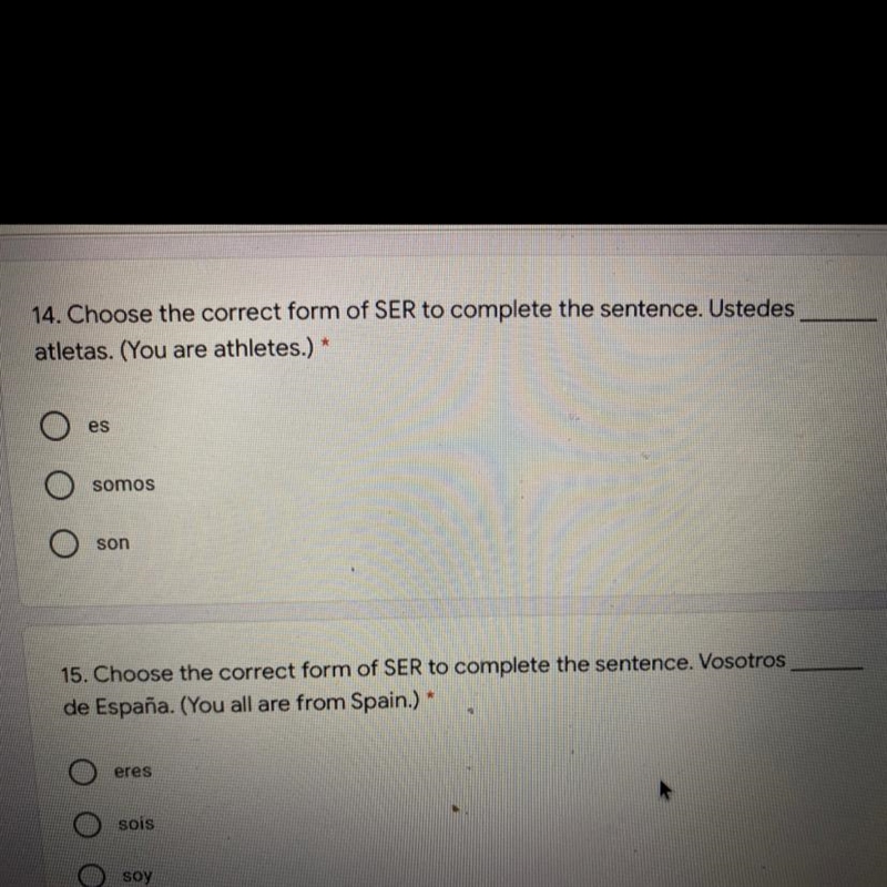 14. Choose the correct form of SER to complete the sentence. Ustedes atletas. (You-example-1
