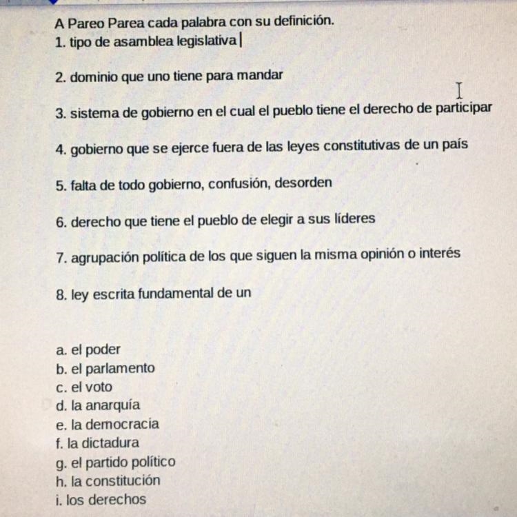 A Pareo Parea cada palabra con su definición. 1. tipo de asamblea legislativa 2. dominio-example-1