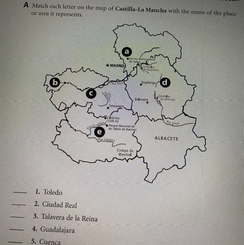 A Match cach letter on the map of Castilla-La Mancha with the name of the place or-example-1