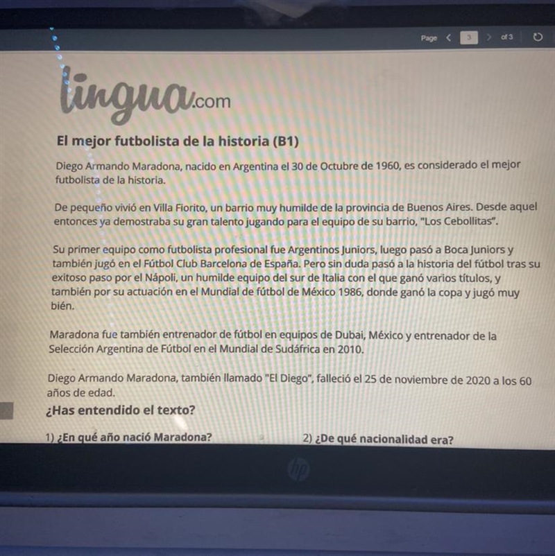 Lingua.com 1) ¿En qué año nació Maradona? a) En 1960 b) En 1986 c) En 2010 d) En 2020 2) ¿De-example-1