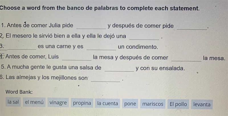 Choose a word from the banco de palabras to complete each statement-example-1