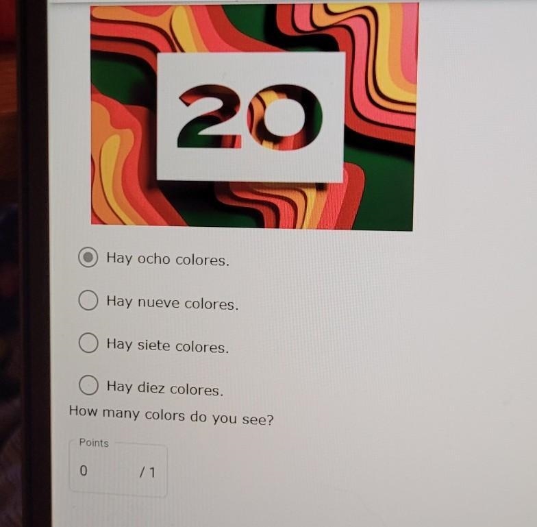 12. ¿Cuántos colores hay? 20 Hay ocho colores. Hay nueve colores. Hay siete colores-example-1