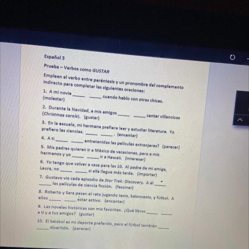 Español 3 Prueba - Verbos como GUSTAR-example-1