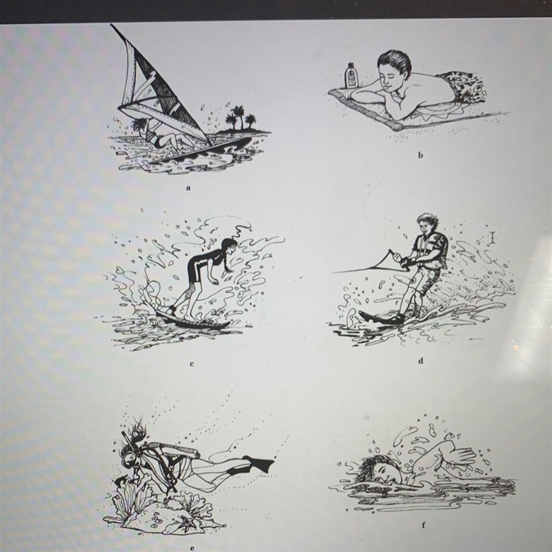 En la playa Match the activity with the illustration. 1. nadar 4. esquiar en el agua-example-1