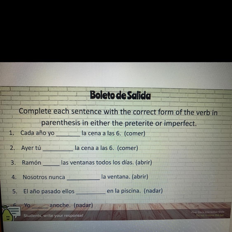 Complete each sentence with the correct form of the verb in parenthesis in either-example-1