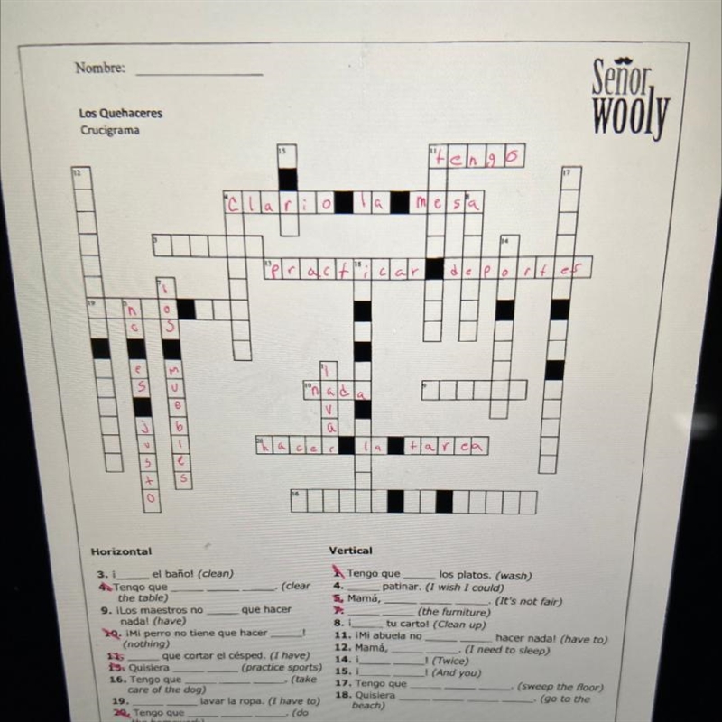 Nombre: Los Quehaceres Crucigrama Señor, wooly "He طول clia mesta SDS-ON S, Mam-example-1