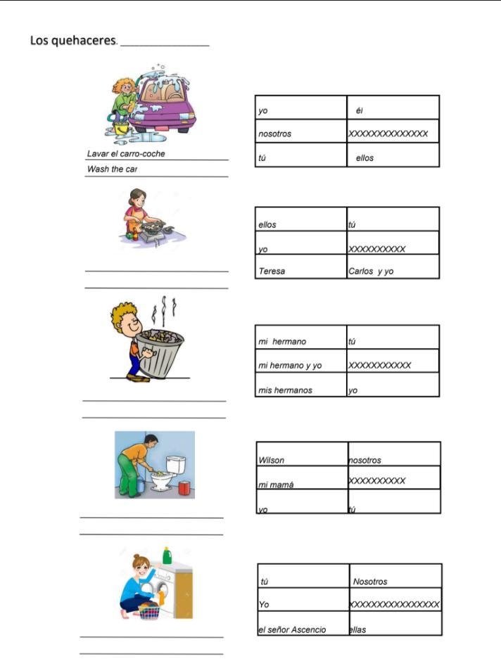 HEY CAN ANYONE PLS WRITE DIS SPANISH WORK! Identify the chore and conjugates the verb-example-1