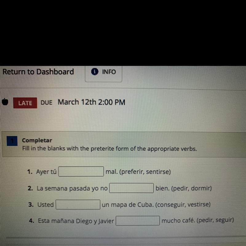 URGENT WORTH 15 POINTS: Completar Fill in the blanks with the preterite form of the-example-1