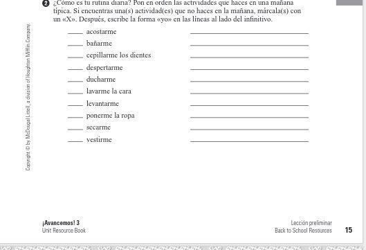 Conjugations: me acuesto, me baño, me cepillo los dientes, me despierto, me ducho-example-1