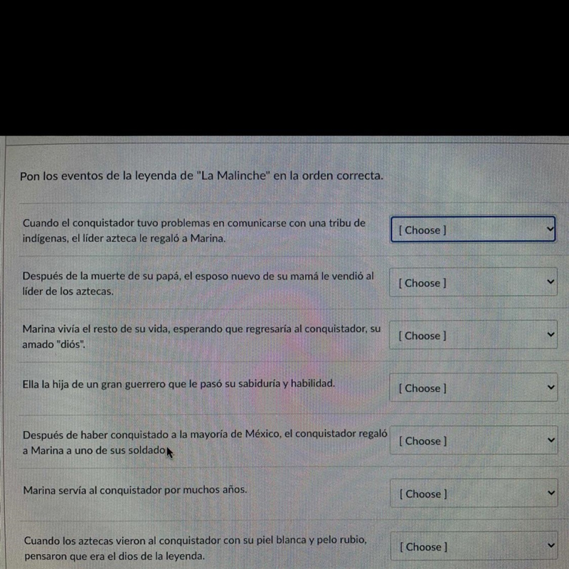 Pon los eventos de la leyenda de La Malinche en la orden correcta-example-1