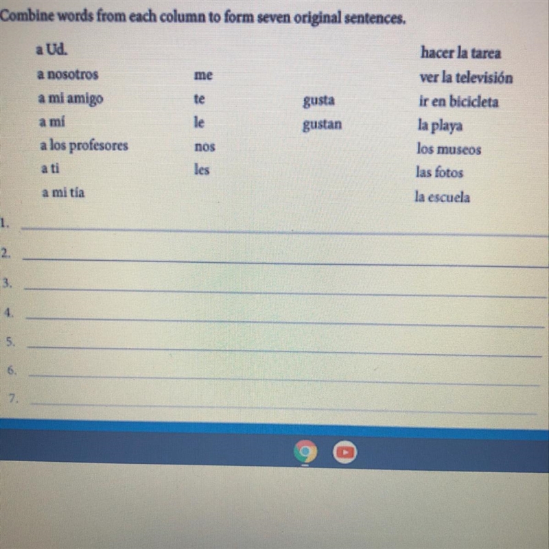 Combine words from each column to form seven original sentences. a Ud a nosotros me-example-1