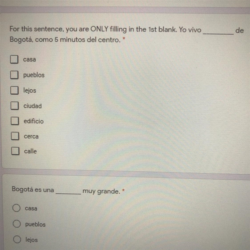 For this sentence, you are ONLY filling in the 1st blank. Yo vivo Bogotá, como 5 minutos-example-1