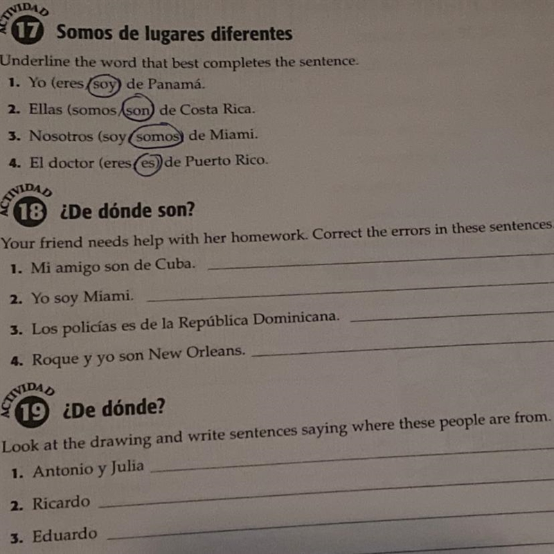 18 ¿De dónde son? Your friend needs help with her homework. Correct the errors in-example-1