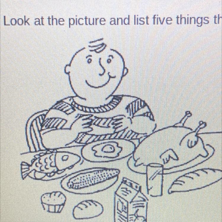 Look at the picture and list five things that Gordon is eating for dinner. Do not-example-1