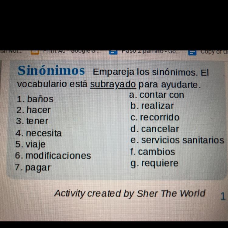 Sinónimos Empareja los sinónimos. El vocabulario está subrayado para ayudarte. a. contar-example-1