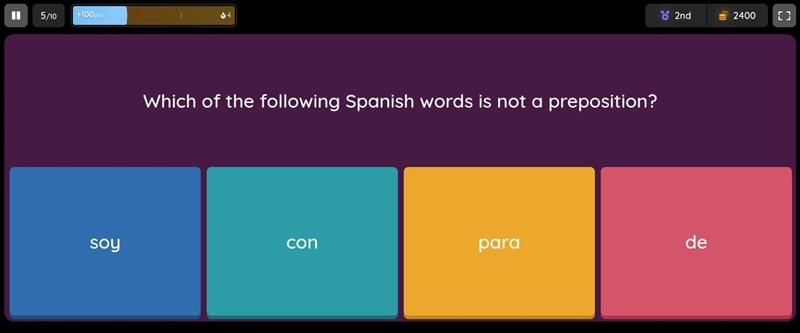 Which of the following Spanish words is not a preposition? 1. soy 2. con 3. para 4. de-example-1