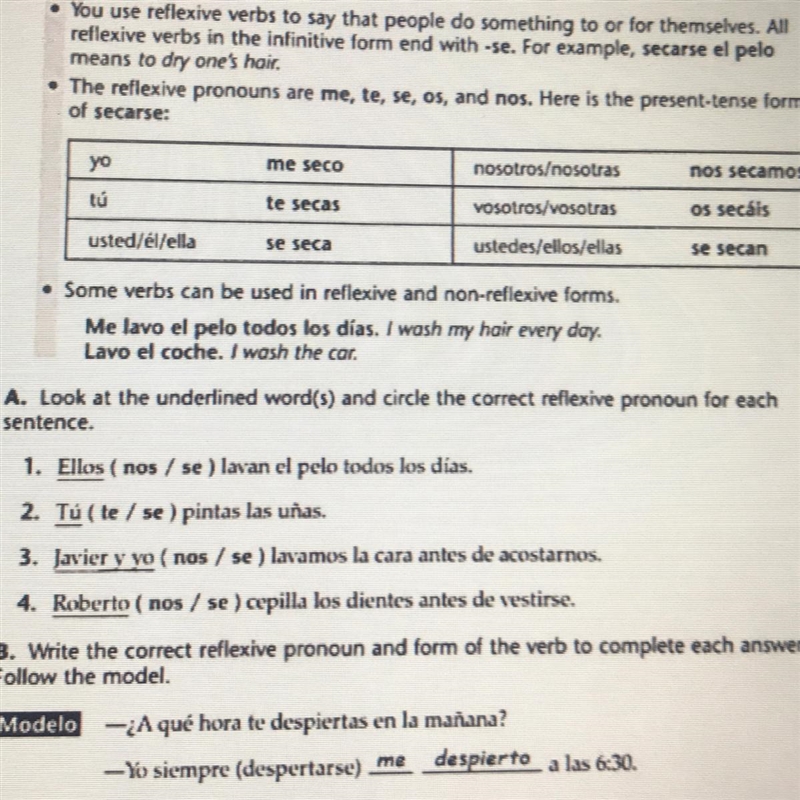 Spanish A. Look at the underlined word(s) and circle the correct reflexive pronoun-example-1