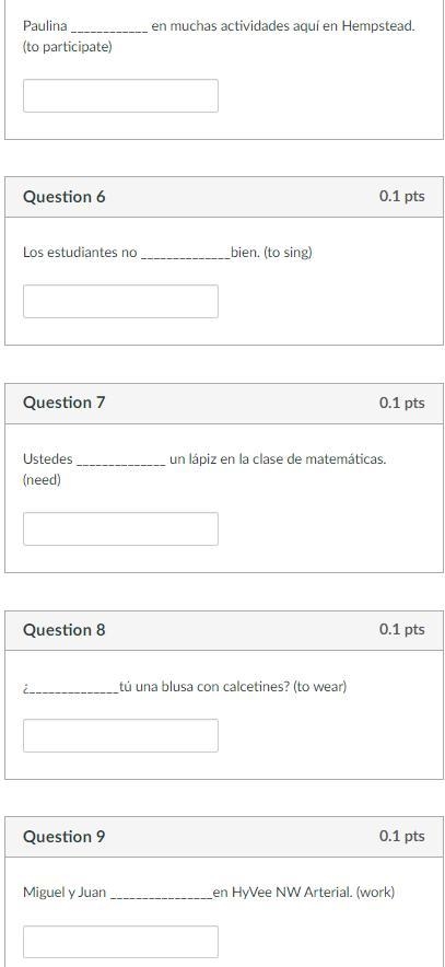 Write the form of the verb given in parenthesis. Example: Yo ___________ español el-example-2