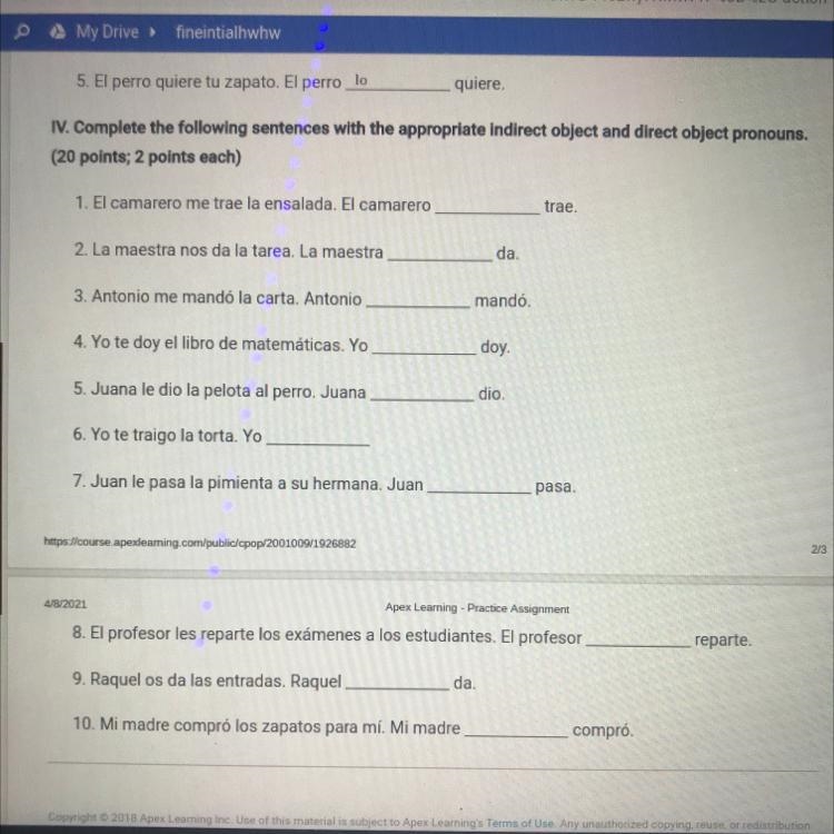 Help!!! Complete the following sentences with the appropriate indirect object and-example-1