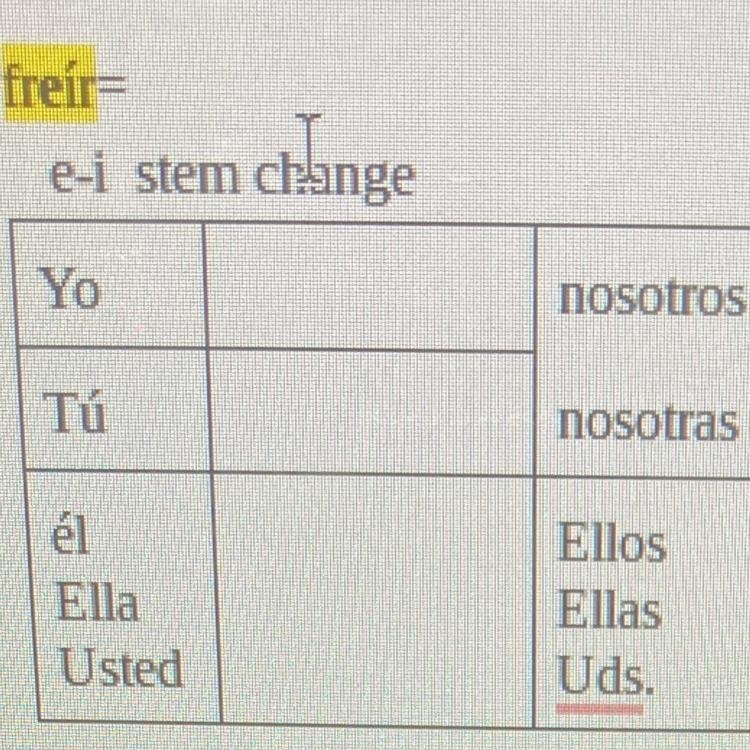 I need help with the conjugates/stem changes I’ve never done freír before-example-1