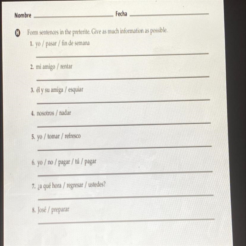 “Form sentences in the preterite. Give as much information as possible” Please help-example-1