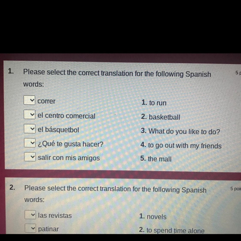 1. Please select the correct translation for the following Spanish 5 points words-example-1