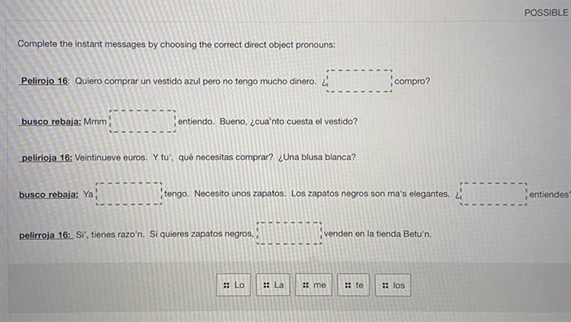 Complete the instant messages by choosing the correct direct object pronouns: Pelirojo-example-1