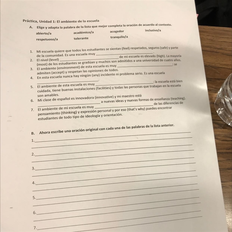 Practica , unidad 1: el ambiente de la escuela please someone do this for me-example-1