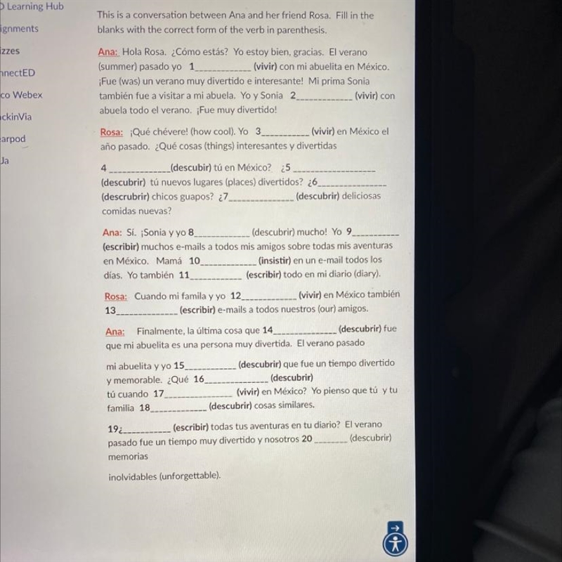 I need help with this Spanish please use the correct parenthesis on the verbs-example-1