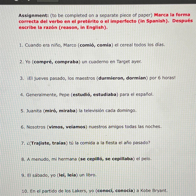 Assignment: Marca la forma correcta del verbo en el pretérito o el imperfecto (in-example-1