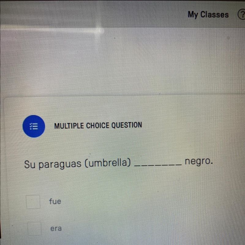 MULTIPLE CHOICE QUESTION Su paraguas (umbrella) negro. fue-example-1