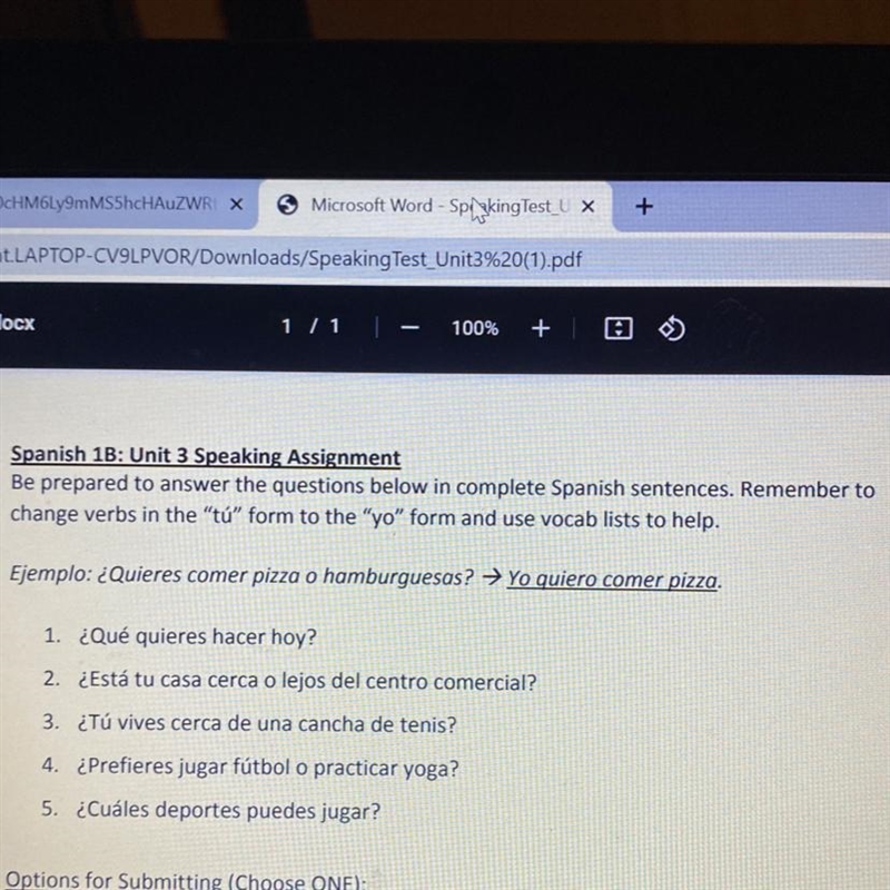 Spanish 1B: Unit 3 Speaking Assignment Be prepared to answer the questions below in-example-1