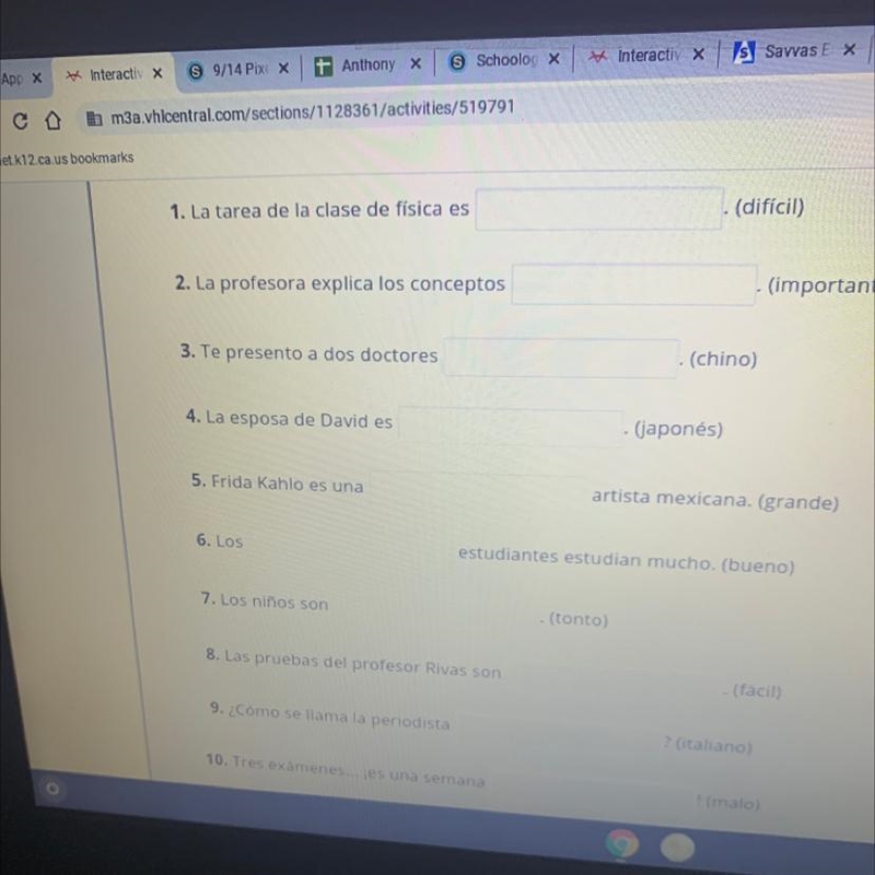 1. La tarea de la clase de fisica es . (difícil) 2. La profesora explica los conceptos-example-1