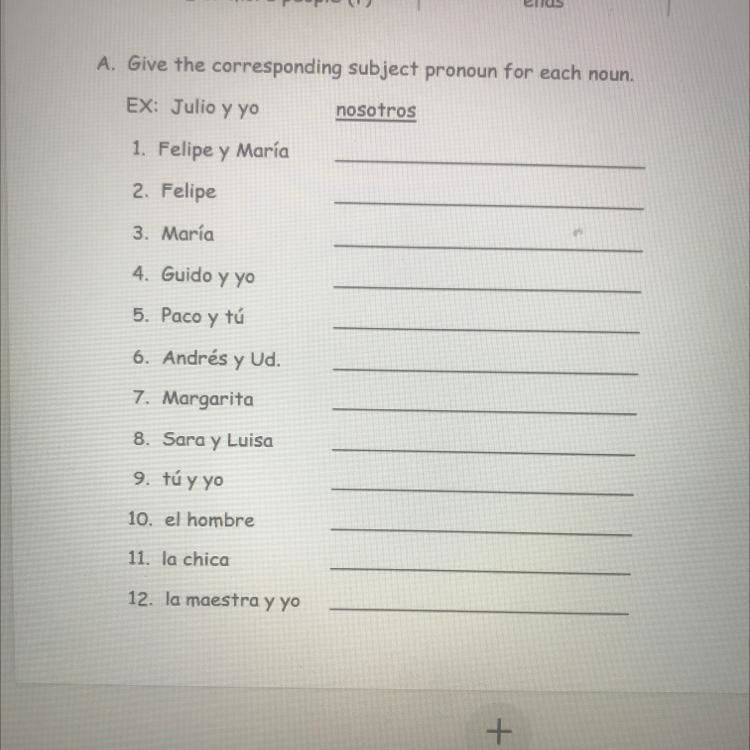 Please help me friend the corresponding subject pronoun for each noun-example-1