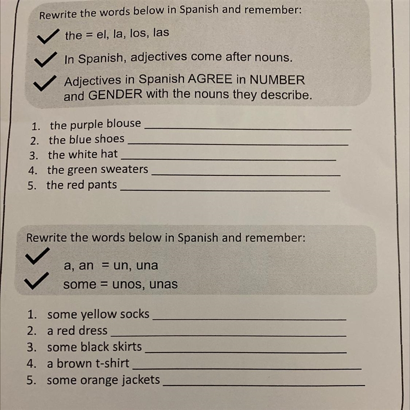 Rewrite the words below in Spanish and remember: the = el, la, los, las = In Spanish-example-1