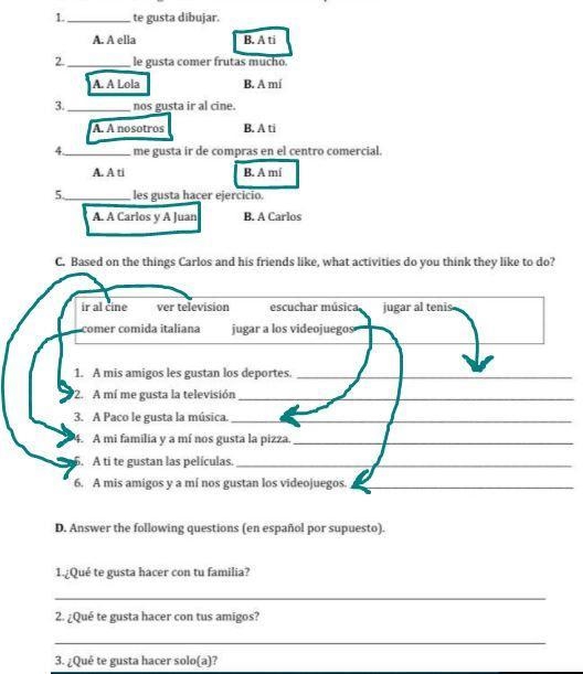 For the following sentences choose the correct pronouns. 1. 2. 3. 4. 5. C. te gusta-example-1