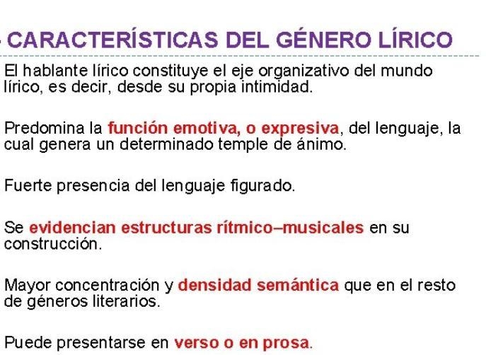 Escribe y explica las caracteisticas basicas del género lírico. Haz este cuadro en-example-1