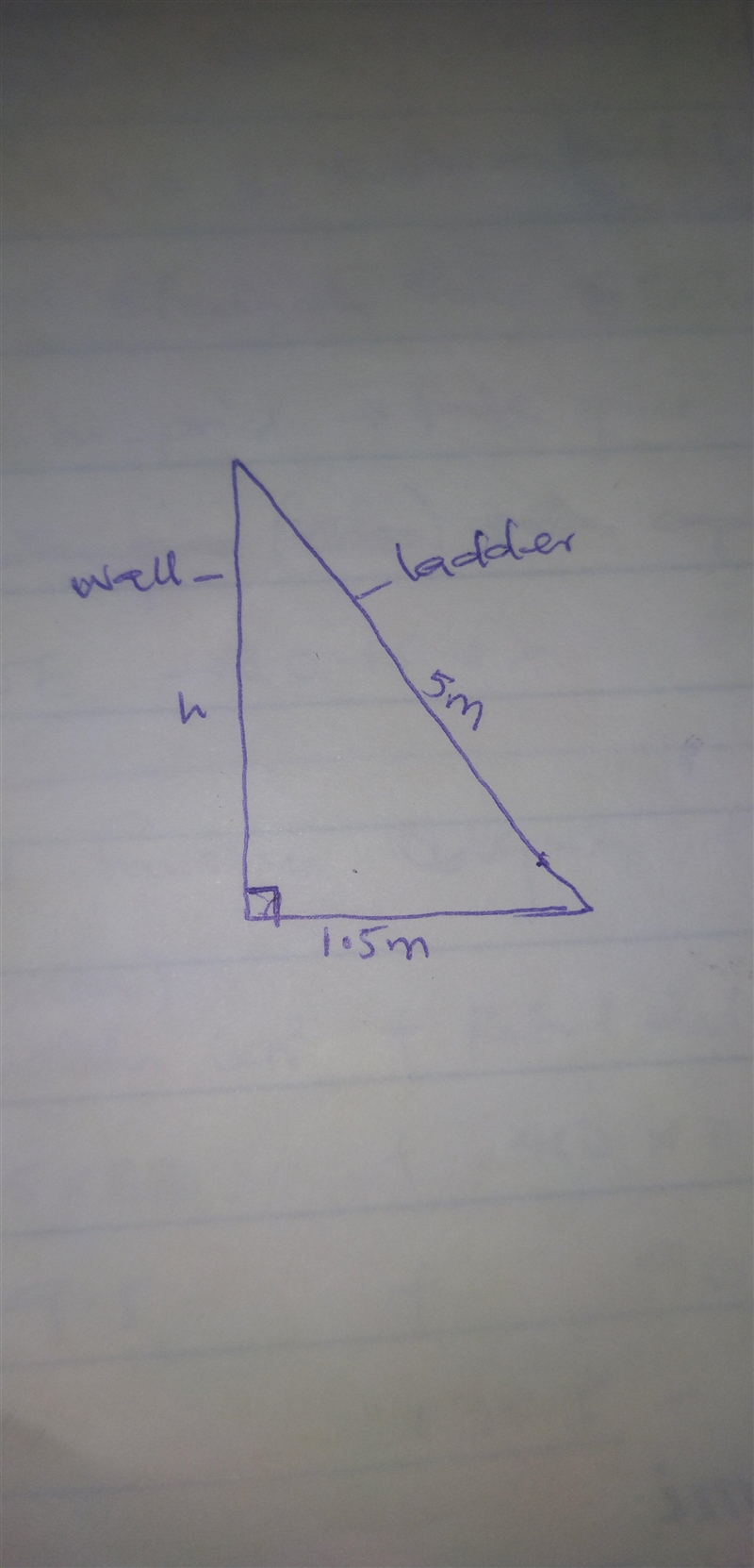 una escalera de 5 m de largo se apoya sobre el piso a 1.5 de la pared qué altura alcanza-example-1