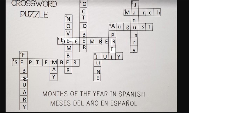 Across: Marzo Agosto Diciembre Julio Septiembre Down: Octubre Enero Noviembre Abril-example-1