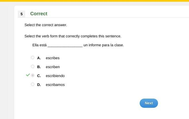 Select the verb form that correctly completes this sentence. Ella está _________________ un-example-1