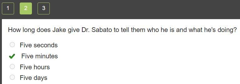 How long does Jake give Dr. Sabato to tell them who he is and what he's doing? Five-example-2