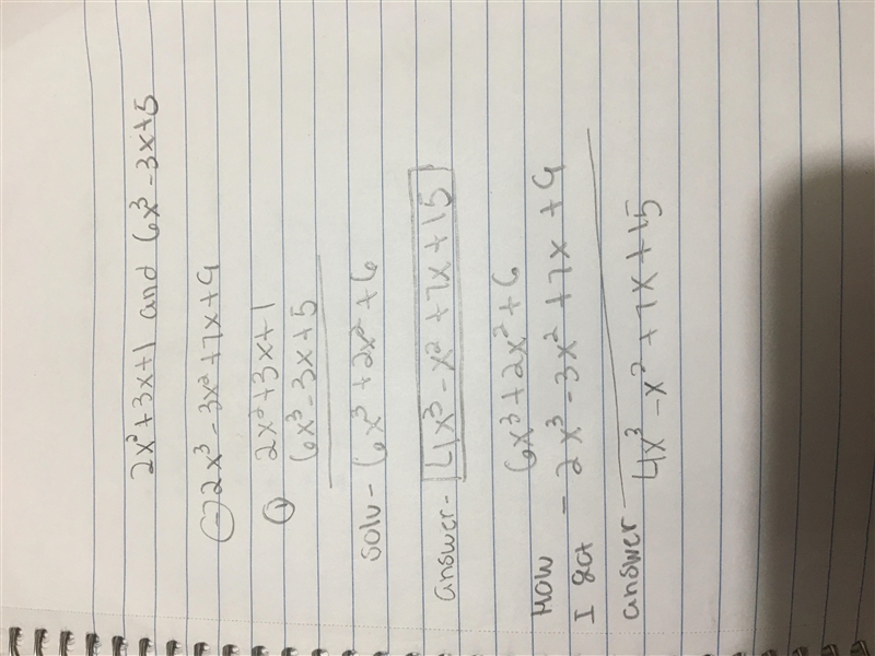 Subtract the sum 2x^2+3x+1and 6x^3-3x+5from 2x^3-3x^2+7x+9​-example-1