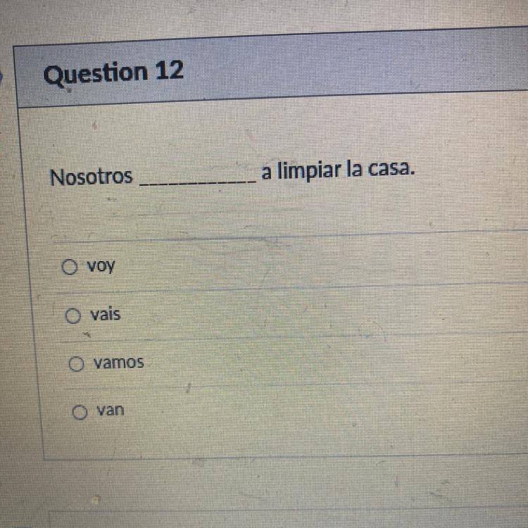 Question 12 Nosotros a limpiar la casa. O voy O kais O vamos o van-example-1