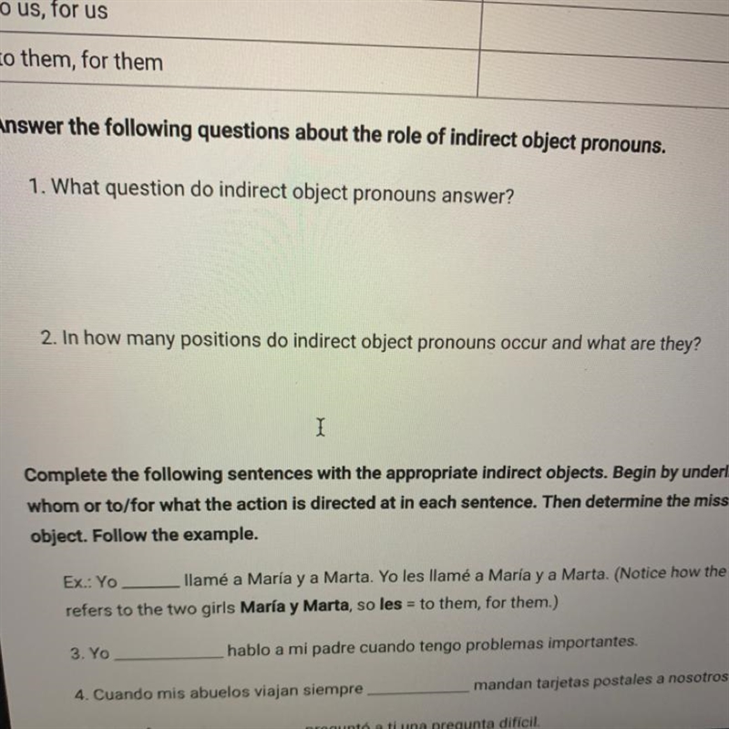 Answer the following questions about the role of indirect object pronouns.-example-1